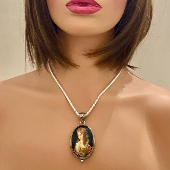 Antique Cameo Miniature Painting on Black Glass Pendant Necklace